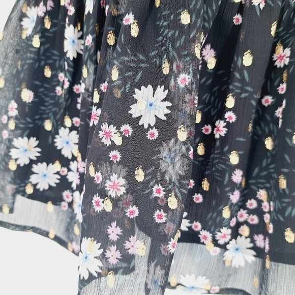 Loft Floral Tiered Chiffon‎ Metallic Dot Ruffle Neckline Flowy Blouse - Picture 3 of 9